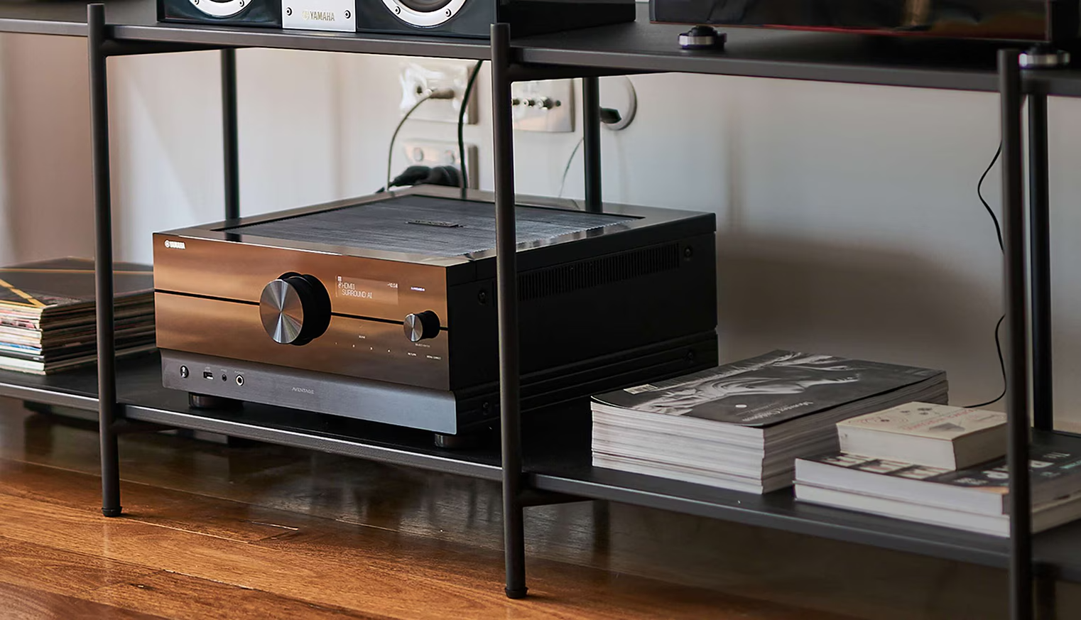 Yamaha Aventage Receiver on shelf in home 